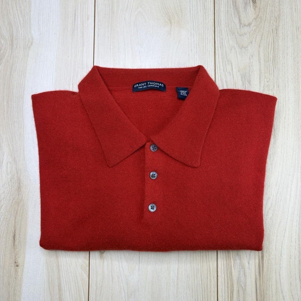 Grant Thomas Sweater Polo Mens XXL Red 100% Cashmere Collared Two Ply
